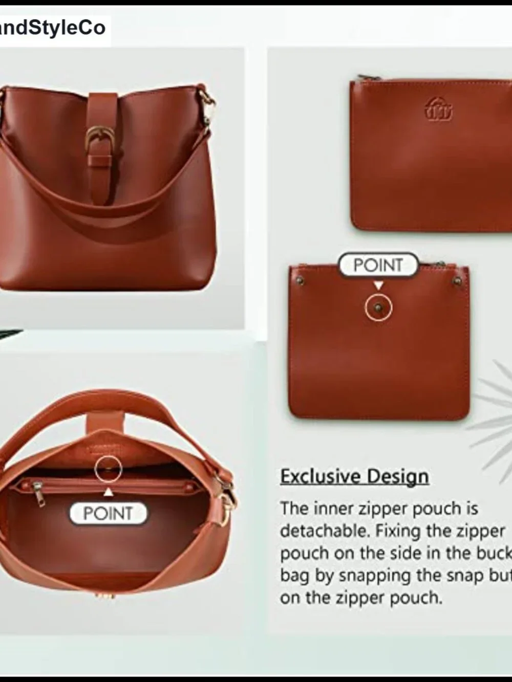 Vegan Leather Bucket Bag Hobo Shoulder Handbag Removable Pouch